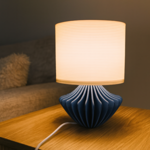 Premium Modern Table Lamp 'Geo' with Blue Geometric Base and White Ribbed Shade - Atmospheric Lighting