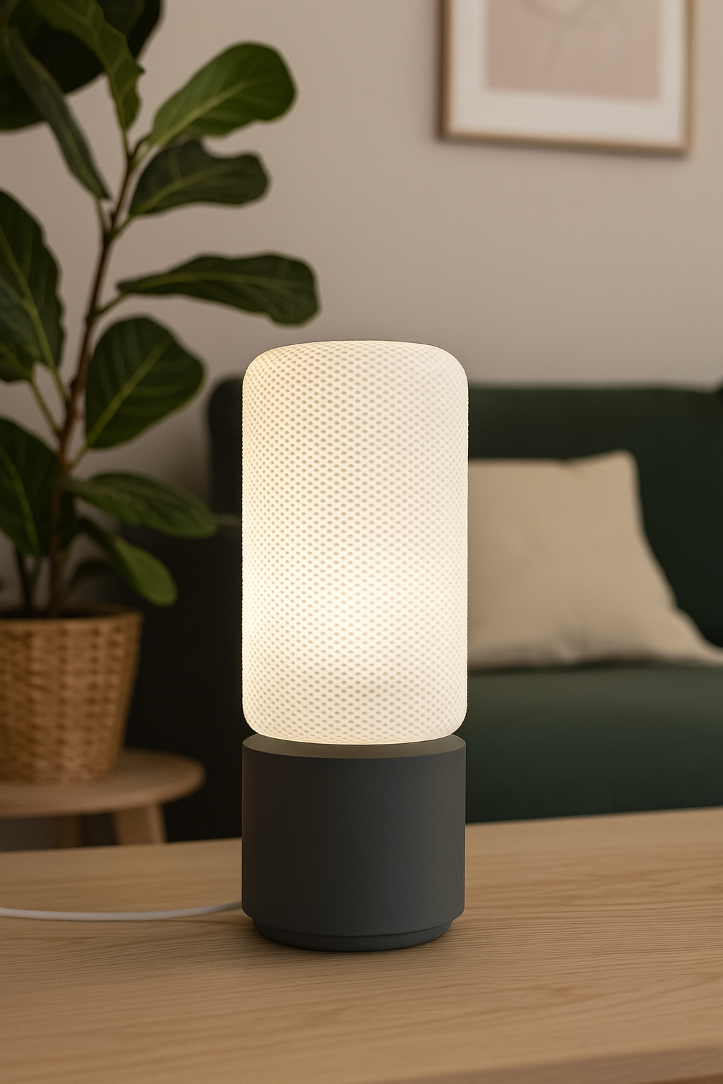 Premium Modern Table Lamp 'Dots' with Cylindrical White Shade and Gray Base - Stylish Mood Lighting